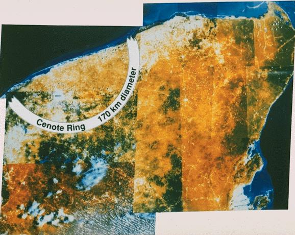 Der nördliche Teil der Halbinsel Yucatan. Im Bild eingezeichnet ist der Krater des Meteoriten
                                 mit einem Durchmesser von 180 - 300 Kilometern, der heute unter einer 300 - 1000 Meter dicken
                                 Kalksteinschicht verborgen liegt. © NASA